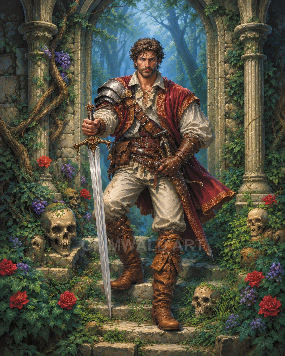 Armoured male adventurer stands on overgrown stone steps in forest ruins, gripping a longsword, red cloak flowing, surrounded by roses, ivy and scattered skulls.