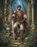 GRID THUMBNAIL — Armoured male adventurer stands on overgrown stone steps in forest ruins, gripping a longsword, red cloak flowing, surrounded by roses, ivy and scattered skulls.