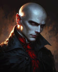 GRID THUMBNAIL — Close-up portrait of a bald, pale vampire in a black cloak with a scarlet cravat, firelit rim light and intense, piercing gaze against darkness.