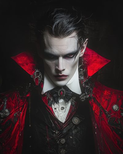 GRID THUMBNAIL — Gothic portrait of a pale male vampire in a scarlet high-collared cloak and ornate cravat, staring intensely against a dark background.