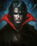 GRID THUMBNAIL — Close-up portrait of a pale, red-eyed woman in a black cloak with a high scarlet collar, wet hair, and a moody night backdrop.