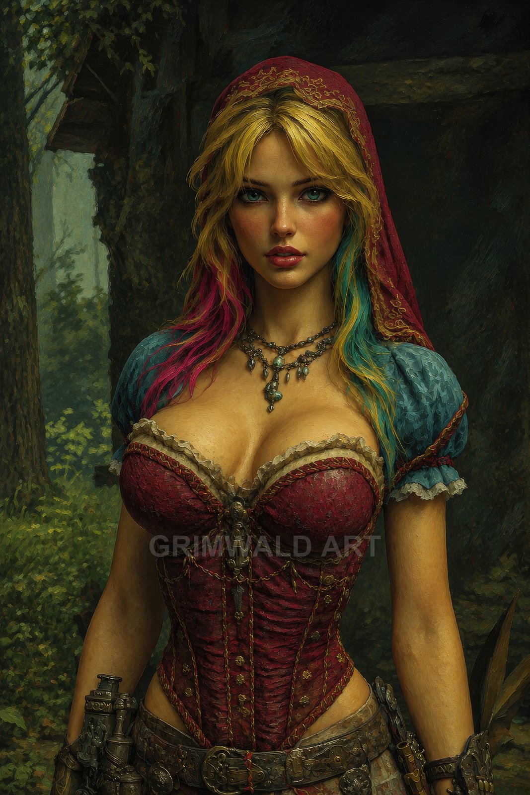 Hooded blonde woman with colourful streaked hair and a scarlet corset stands in a forest, belts and ornate pistol at her waist.