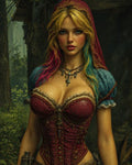 GRID THUMBNAIL — Hooded blonde woman with colourful streaked hair and a scarlet corset stands in a forest, belts and ornate pistol at her waist.