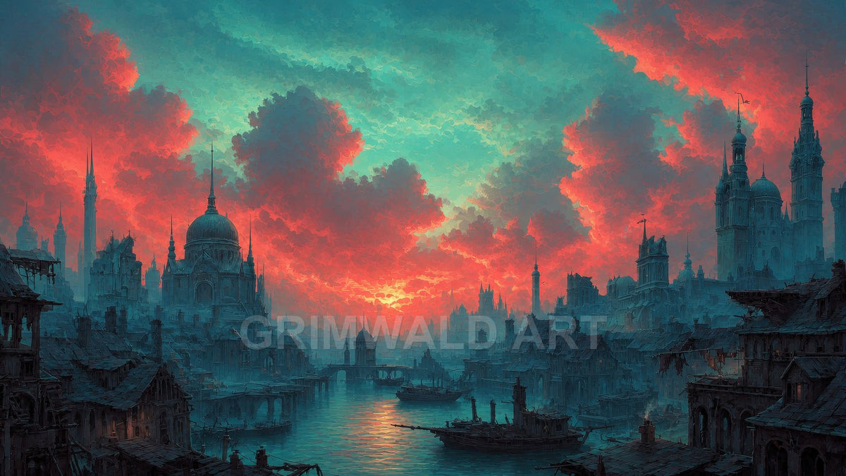 Gothic domes and spires line a misty canal city as boats drift beneath a vivid teal and crimson sunset sky.