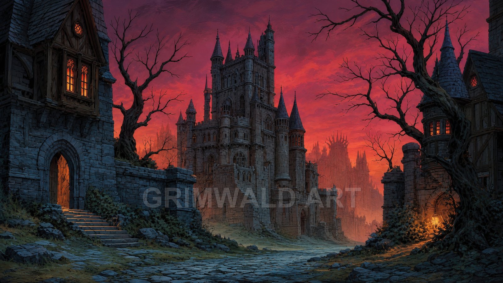 Gothic stone castle rises beyond a cobbled road, flanked by leafless trees and torchlit gatehouses under a fiery red twilight sky.