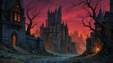 GRID THUMBNAIL — Gothic stone castle rises beyond a cobbled road, flanked by leafless trees and torchlit gatehouses under a fiery red twilight sky.