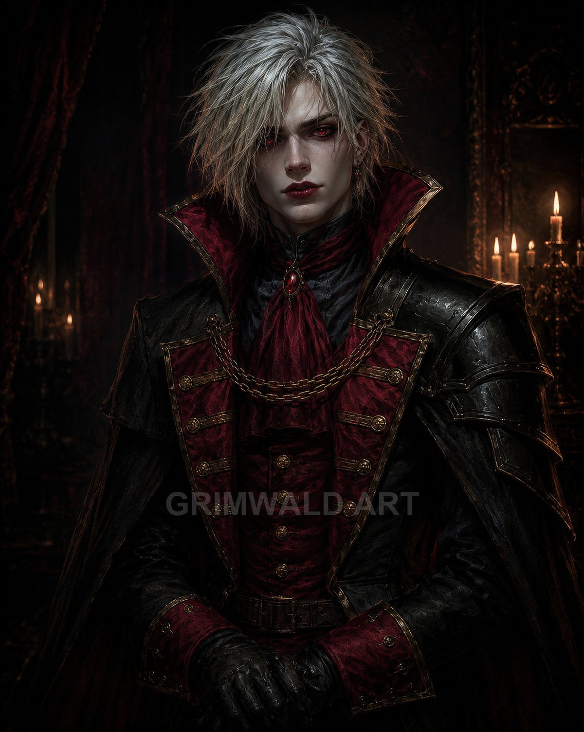 Androgynous pale vampire noble with white hair and red eyes, in black and crimson armour and cloak, standing in a candlelit gothic interior.