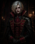 GRID THUMBNAIL — Androgynous pale vampire noble with white hair and red eyes, in black and crimson armour and cloak, standing in a candlelit gothic interior.