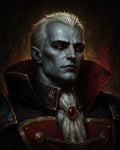 GRID THUMBNAIL — Portrait of pale, white-haired vampire in ornate red-and-gold coat with high collar and jewel, glowing red eyes, gothic arch backdrop.