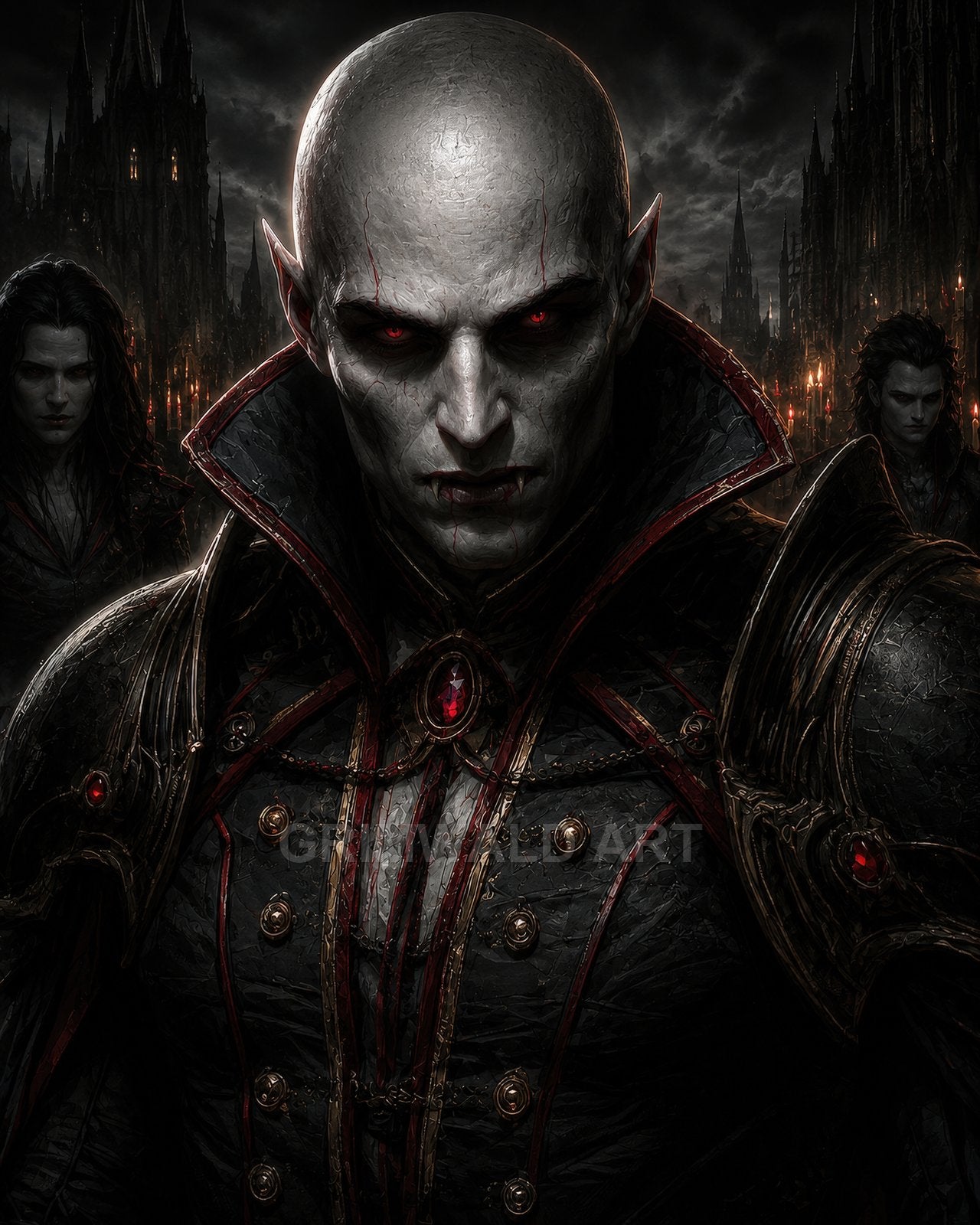Close-up portrait of a bald, red-eyed vampire in ornate black armour with red gemstones, standing before torchlit gothic spires at night.