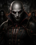 GRID THUMBNAIL — Close-up portrait of a bald, red-eyed vampire in ornate black armour with red gemstones, standing before torchlit gothic spires at night.