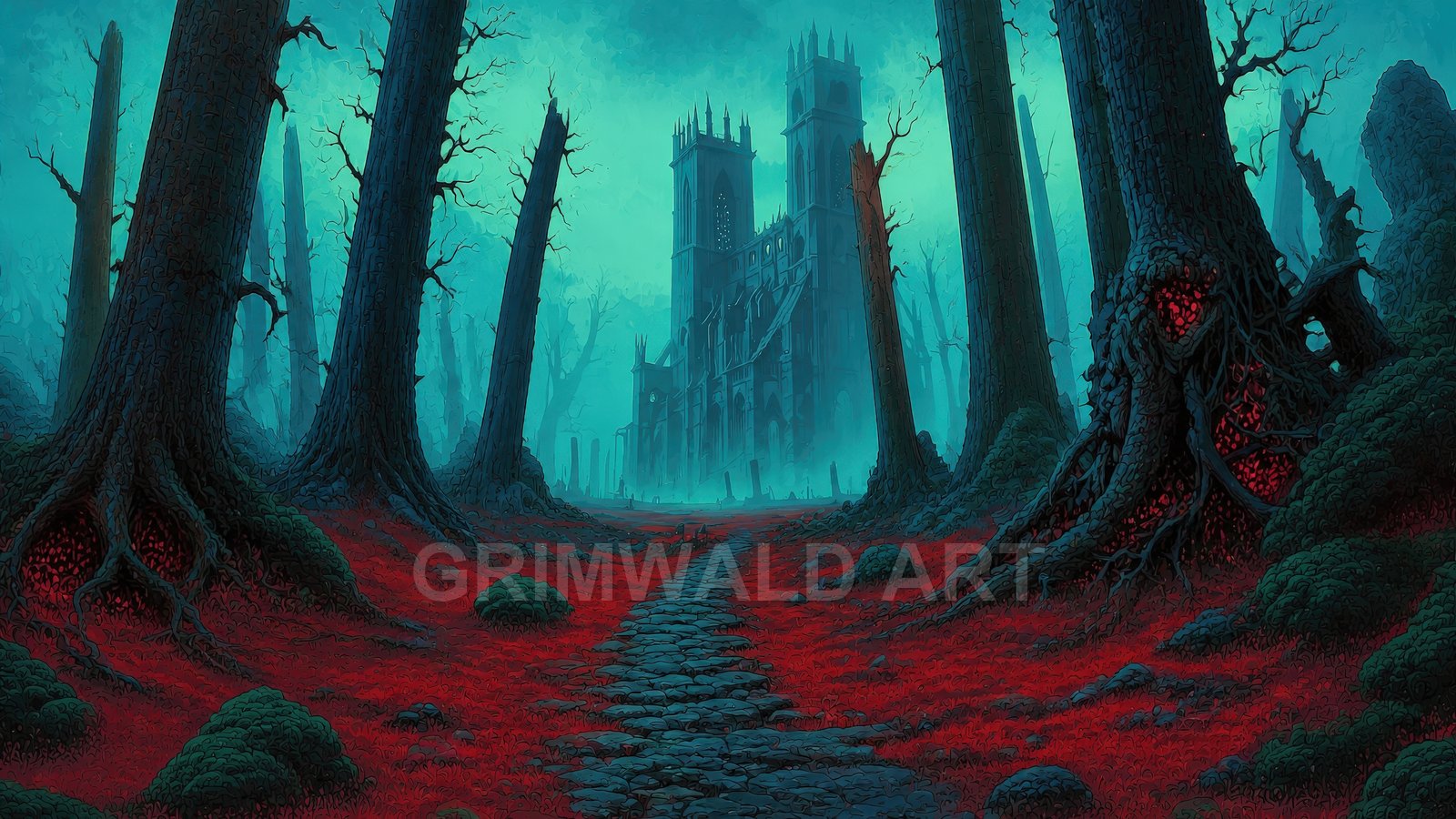 A cobbled path winds through a dark, leafless forest toward a looming gothic cathedral, teal mist and crimson ground cover creating an eerie twilight atmosphere.