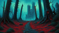 GRID THUMBNAIL — A cobbled path winds through a dark, leafless forest toward a looming gothic cathedral, teal mist and crimson ground cover creating an eerie twilight atmosphere.