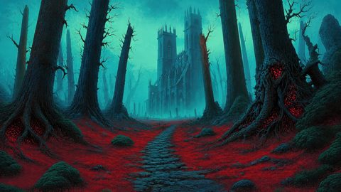 GRID THUMBNAIL — A cobbled path winds through a dark, leafless forest toward a looming gothic cathedral, teal mist and crimson ground cover creating an eerie twilight atmosphere.