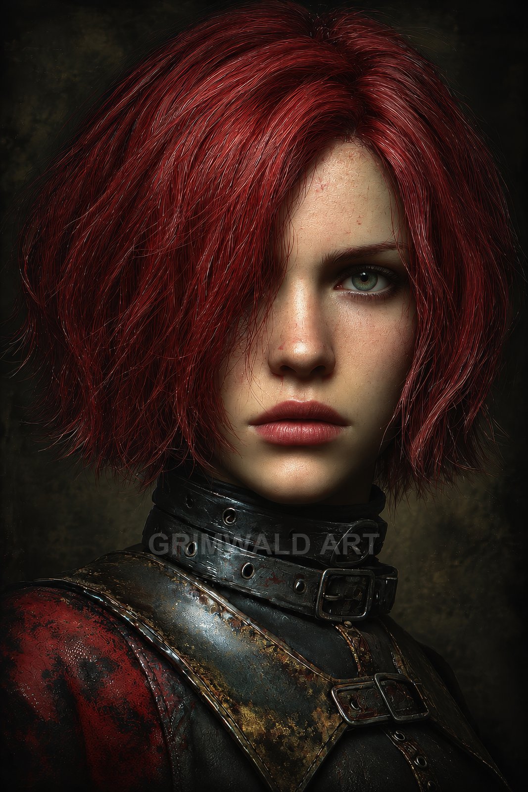 Close-up portrait of a red-haired woman in scuffed leather and metal armour with buckles, intense green-eyed stare against a dark interior background.