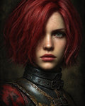 GRID THUMBNAIL — Close-up portrait of a red-haired woman in scuffed leather and metal armour with buckles, intense green-eyed stare against a dark interior background.