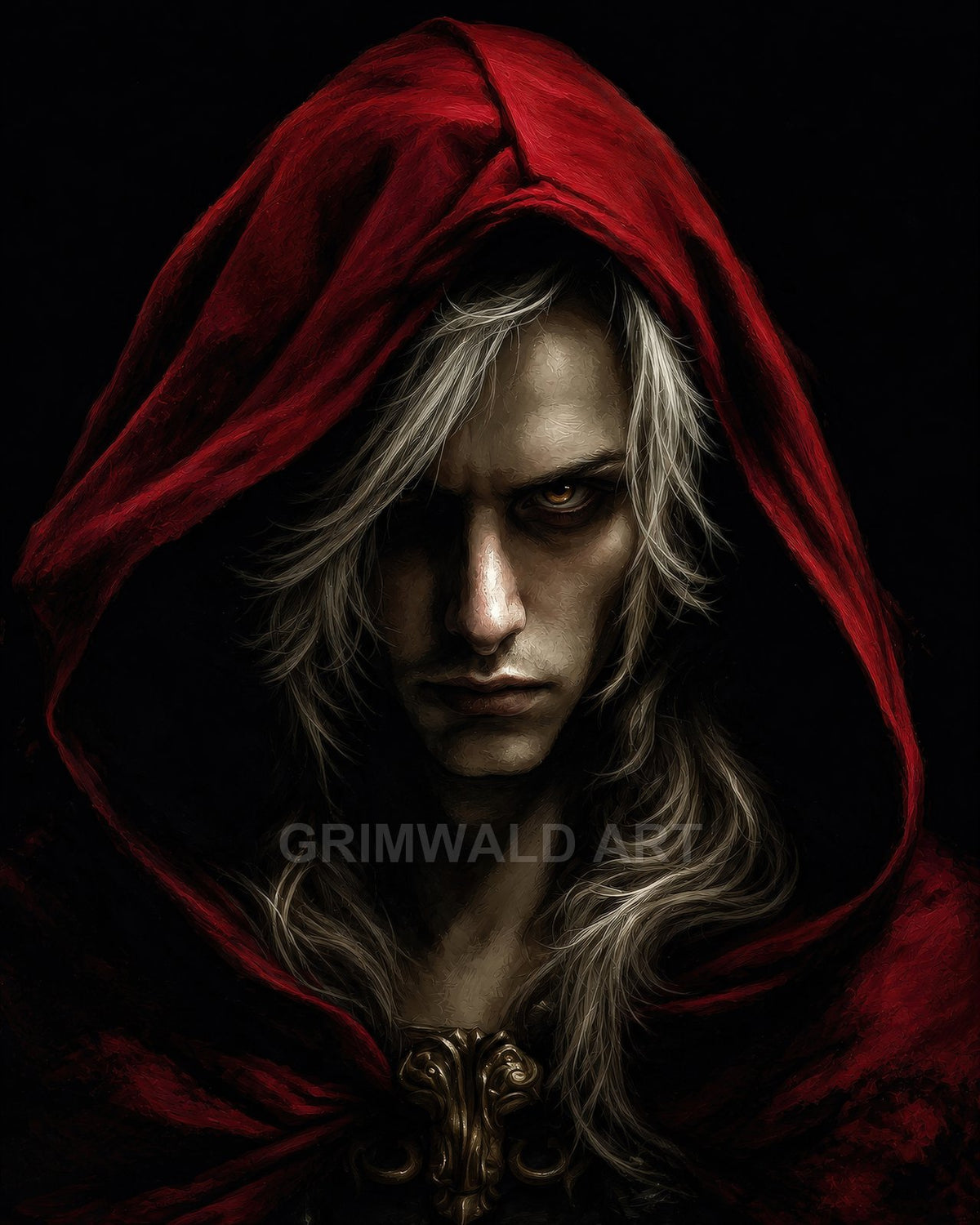 Moody portrait of an androgynous figure in a red hooded cloak with long silver hair and piercing eyes against a dark background.