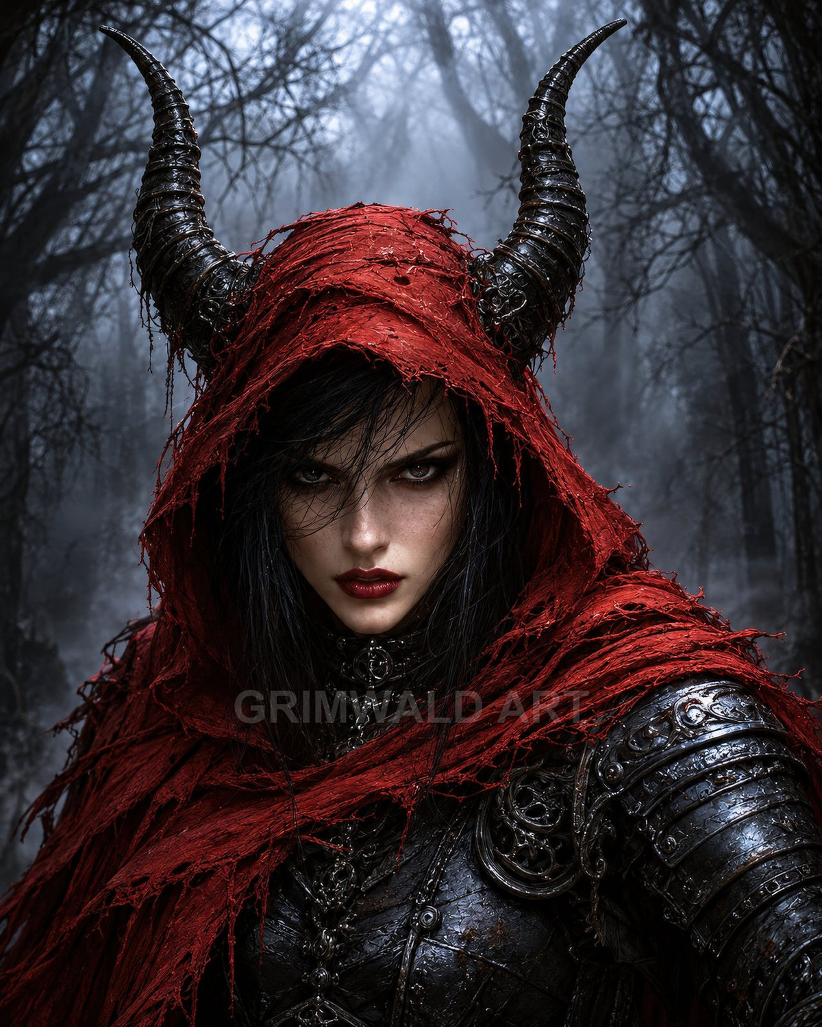 Armoured woman in a tattered red hood with a horned headpiece stands in a misty, leafless forest, moonlit gloom highlighting her intense gaze.