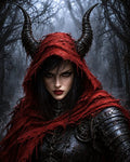 GRID THUMBNAIL — Armoured woman in a tattered red hood with a horned headpiece stands in a misty, leafless forest, moonlit gloom highlighting her intense gaze.