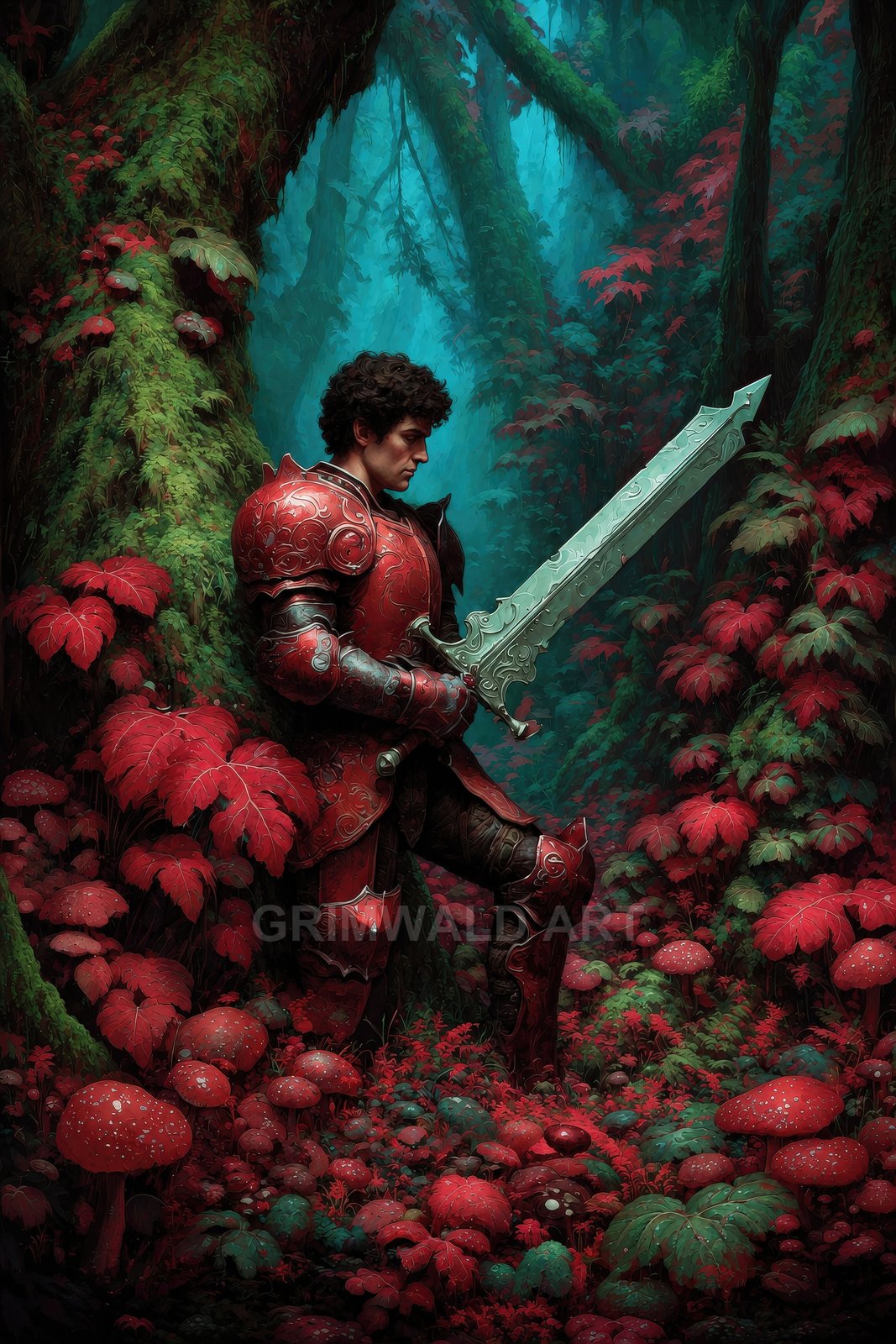 Armoured knight in ornate red plate stands in a misty forest, gripping a large engraved sword amid crimson leaves and spotted mushrooms.