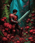 GRID THUMBNAIL — Armoured knight in ornate red plate stands in a misty forest, gripping a large engraved sword amid crimson leaves and spotted mushrooms.