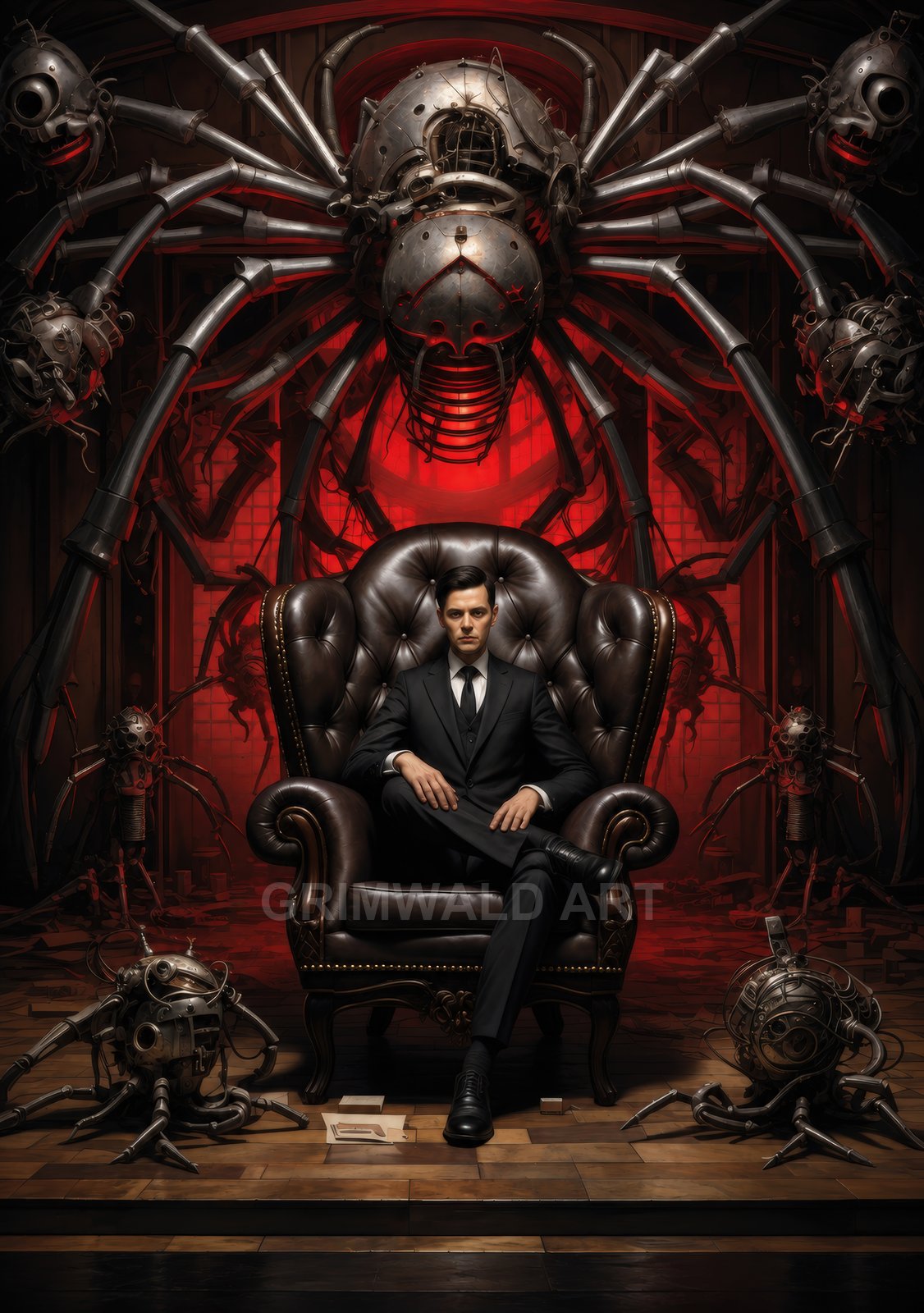 A stern man in a black suit sits in a leather armchair as giant steampunk spider machines surround him against a fiery red industrial backdrop.