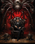 GRID THUMBNAIL — A stern man in a black suit sits in a leather armchair as giant steampunk spider machines surround him against a fiery red industrial backdrop.