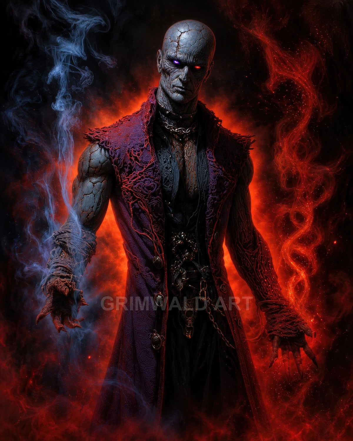 Undead male sorcerer with cracked grey skin and glowing purple eyes, wearing an ornate purple coat, conjuring red flames and blue smoke in darkness around him.