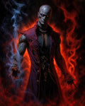 GRID THUMBNAIL — Undead male sorcerer with cracked grey skin and glowing purple eyes, wearing an ornate purple coat, conjuring red flames and blue smoke in darkness around him.
