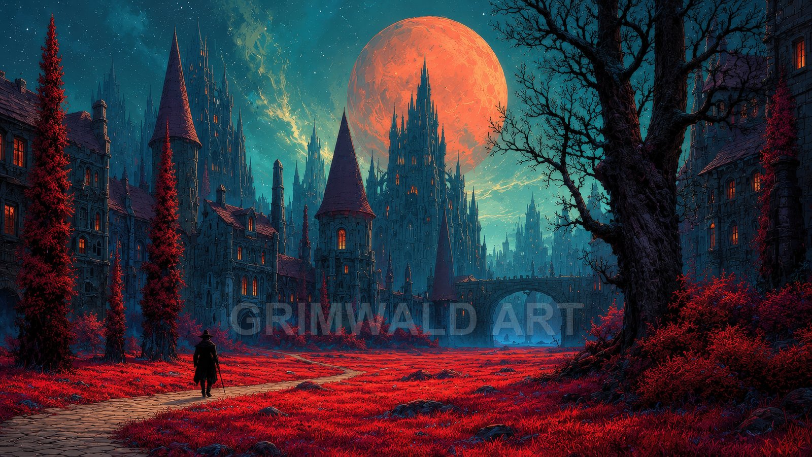 A gothic city of towering spires beneath a giant red moon, with red grass, winding path, arched bridge, and starry teal night sky.