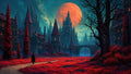 GRID THUMBNAIL — A gothic city of towering spires beneath a giant red moon, with red grass, winding path, arched bridge, and starry teal night sky.