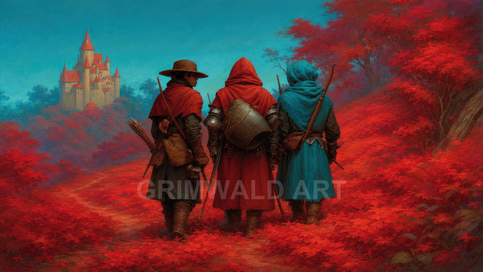 Three cloaked travellers walk along a red-leafed forest path toward a distant turreted castle under a clear blue daytime sky.