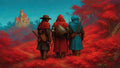 GRID THUMBNAIL — Three cloaked travellers walk along a red-leafed forest path toward a distant turreted castle under a clear blue daytime sky.