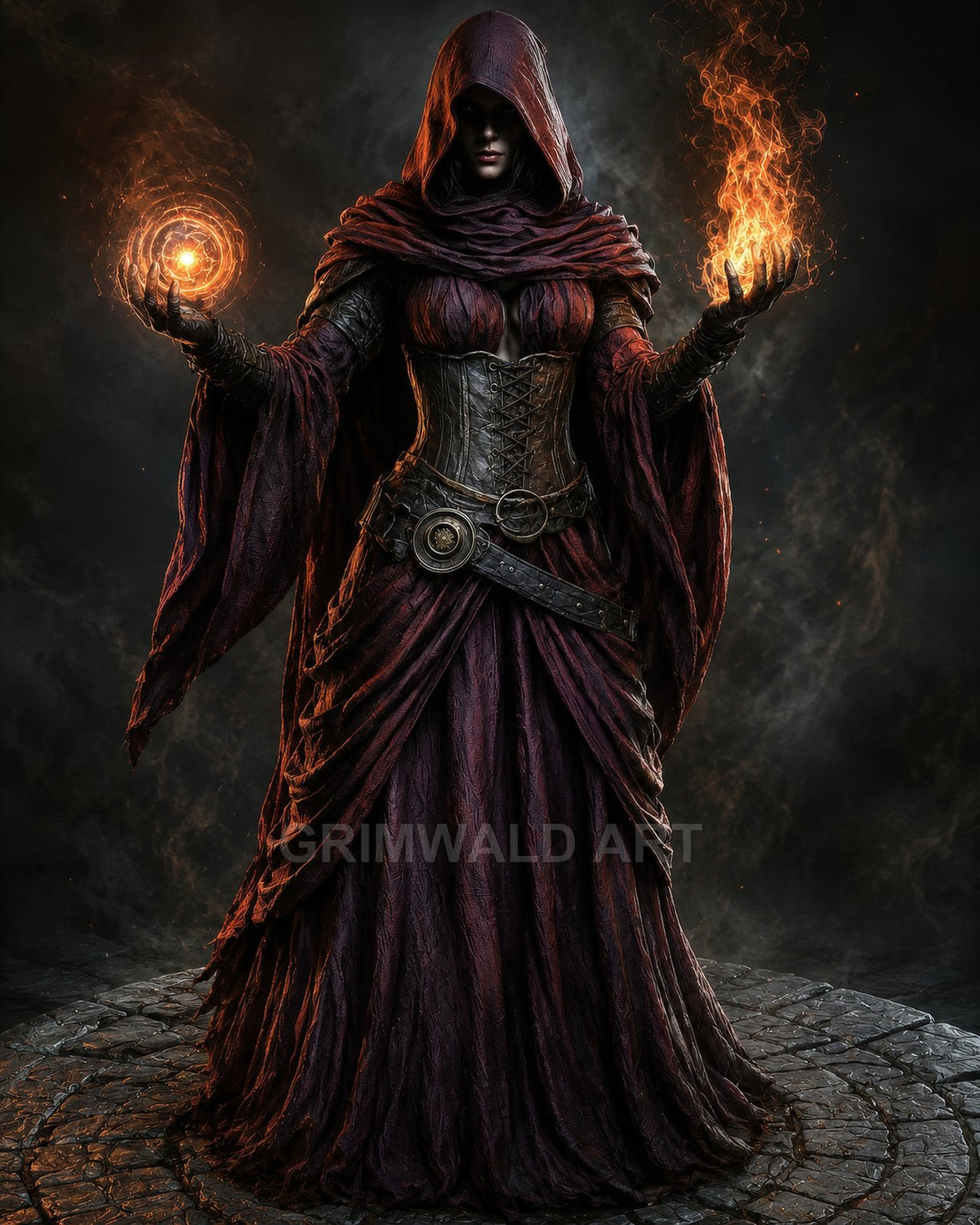 Hooded woman in crimson robes conjures a fiery orb and flames above a circular stone floor, glowing firelit shadows in a smoky dark chamber.