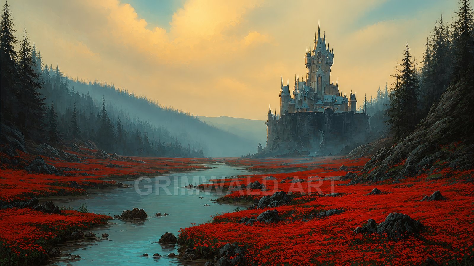 A fairytale castle on a rocky cliff overlooks a winding river through red wildflower meadows, framed by dark pine forests under warm dawn light.