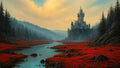 GRID THUMBNAIL — A fairytale castle on a rocky cliff overlooks a winding river through red wildflower meadows, framed by dark pine forests under warm dawn light.