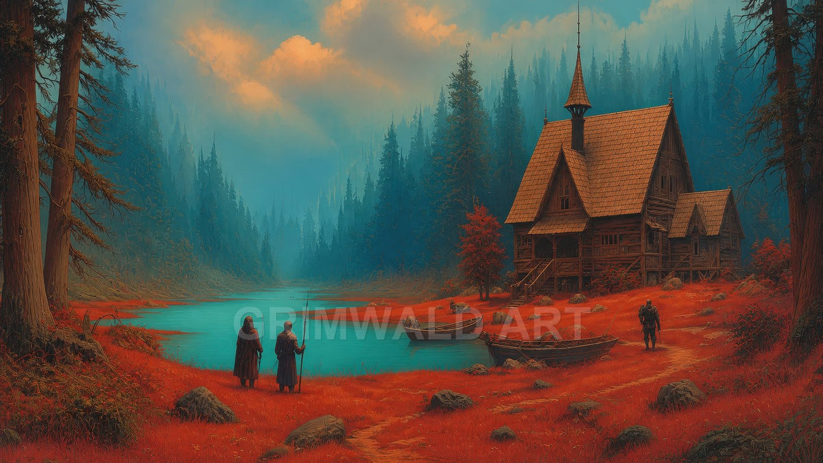 Misty conifer forest around a turquoise lake with vivid red shore, wooden chapel with spire, boats, and small figures at the water’s edge.
