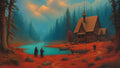 GRID THUMBNAIL — Misty conifer forest around a turquoise lake with vivid red shore, wooden chapel with spire, boats, and small figures at the water’s edge.