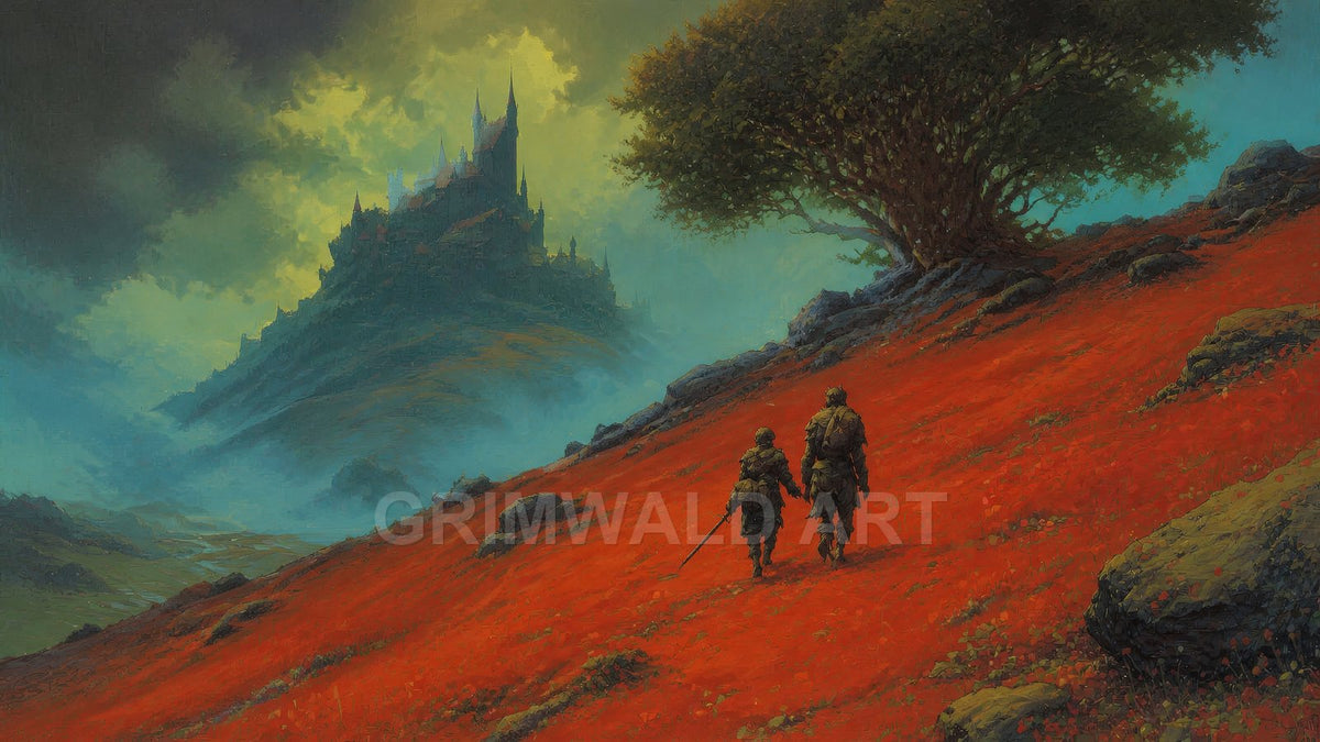 Two small travellers cross a red hillside towards a misty mountain castle beneath stormy green clouds and a sprawling tree on the ridge.