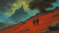 GRID THUMBNAIL — Two small travellers cross a red hillside towards a misty mountain castle beneath stormy green clouds and a sprawling tree on the ridge.