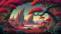GRID THUMBNAIL — Surreal valley with twisted blue-trunk trees and crimson canopies framing jagged rock spires, a reflective lake, turquoise fungi, and two dinosaurs grazing under soft skies.