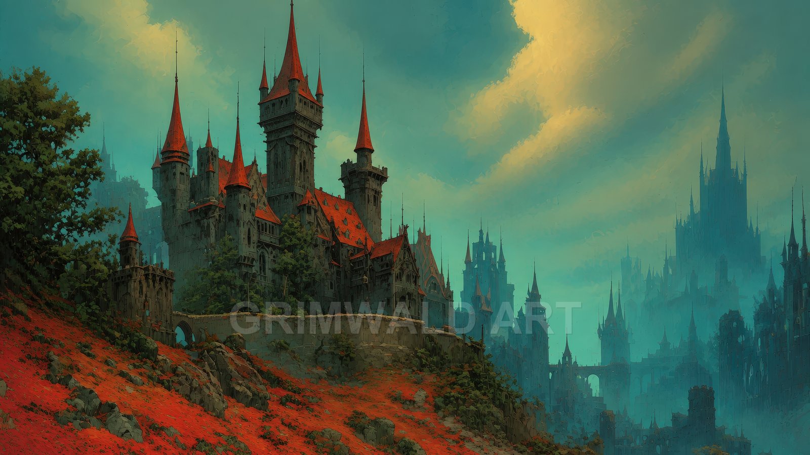 A grand stone castle with red-roofed spires crowns a rocky hill above red meadows, overlooking a misty gothic city beneath a teal, golden-tinged sky.