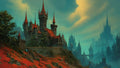 GRID THUMBNAIL — A grand stone castle with red-roofed spires crowns a rocky hill above red meadows, overlooking a misty gothic city beneath a teal, golden-tinged sky.