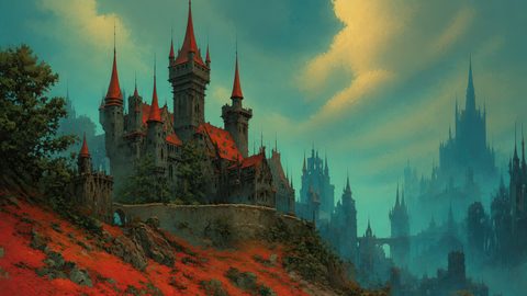 GRID THUMBNAIL — A grand stone castle with red-roofed spires crowns a rocky hill above red meadows, overlooking a misty gothic city beneath a teal, golden-tinged sky.