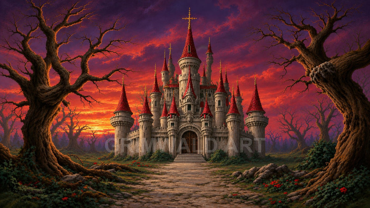 Grand stone castle with red spires framed by gnarled trees, a cobbled path and fiery sunset sky in a moody fantasy forest.
