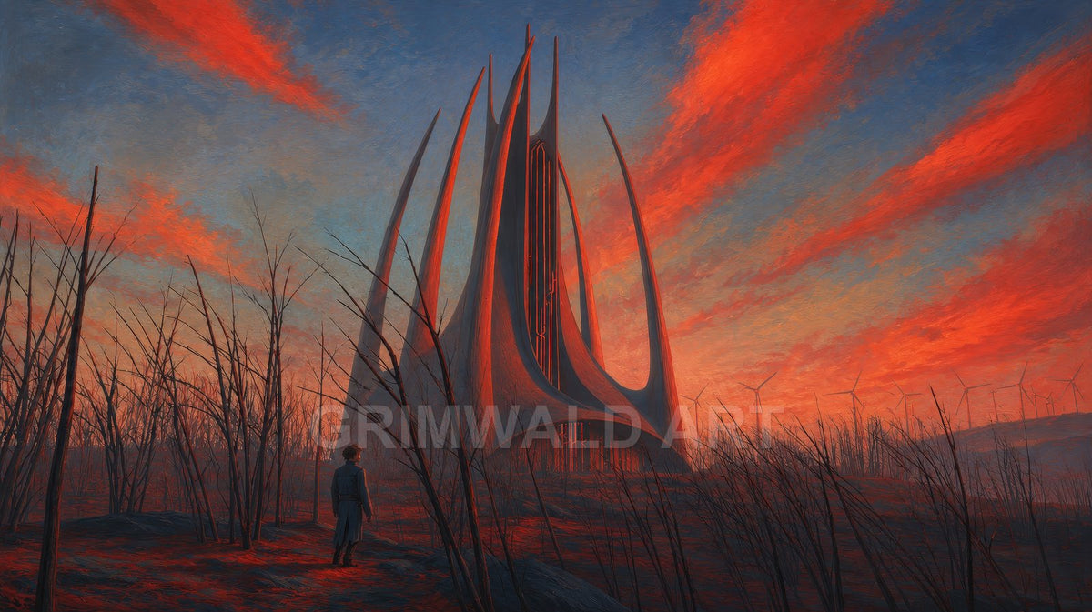 A towering spired structure glows red at sunset amid a leafless forest, with a lone figure watching and wind turbines lining the distant hills.