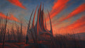 GRID THUMBNAIL — A towering spired structure glows red at sunset amid a leafless forest, with a lone figure watching and wind turbines lining the distant hills.