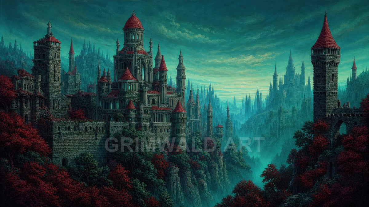 Vast stone castle city with red-roofed towers rises above a misty valley, teal sky and red-leaved trees, ornate gothic spires receding.