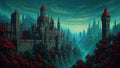 GRID THUMBNAIL — Vast stone castle city with red-roofed towers rises above a misty valley, teal sky and red-leaved trees, ornate gothic spires receding.