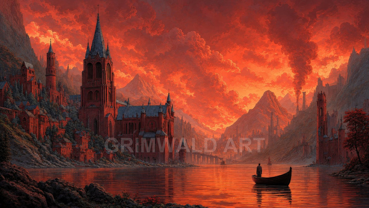 A red-stone gothic city with towering spires lines a calm lake at sunset, mountains behind, fiery clouds overhead, and a lone boat.